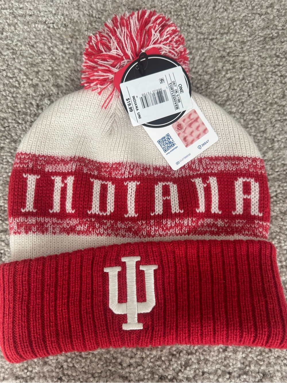 Indiana pom beanie knit hat in red and cream